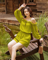 Off-Shoulder Chiffon Organza Jumpsuit with Ruffle Trim and Flowing Long Sleeves